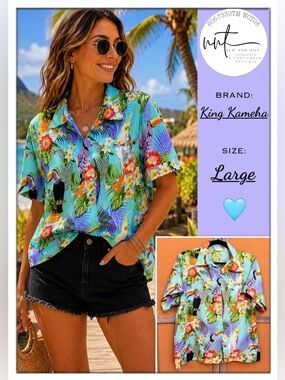 King Kameha Hawaiian Shirt Funky Casual Button Down Parrot Toucan Women’s LARGE